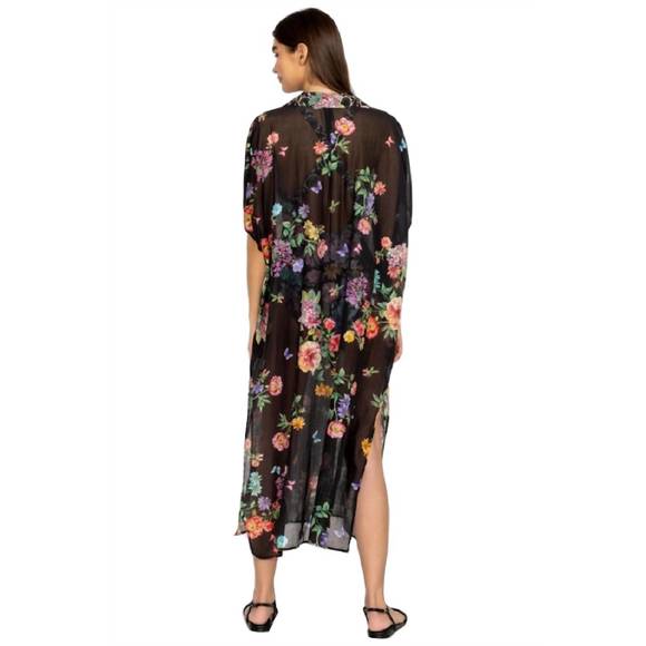 NEW JOHNNY WAS butterfly collared kaftan coverup in black multi - Picture 3 of 3